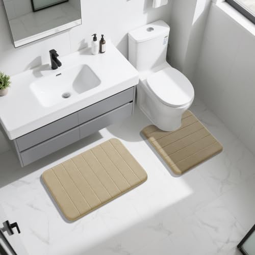Image of Yimobra Memory Foam Bath Mat Set 2 Piece - Super Soft Absorbent Quick Dry Bathroom Toilet Rugs, Machine Washable Non Slip Floor Carpet for Tub Shower & Single Sink (31.5x20 & 24x20, Pale Khaki)