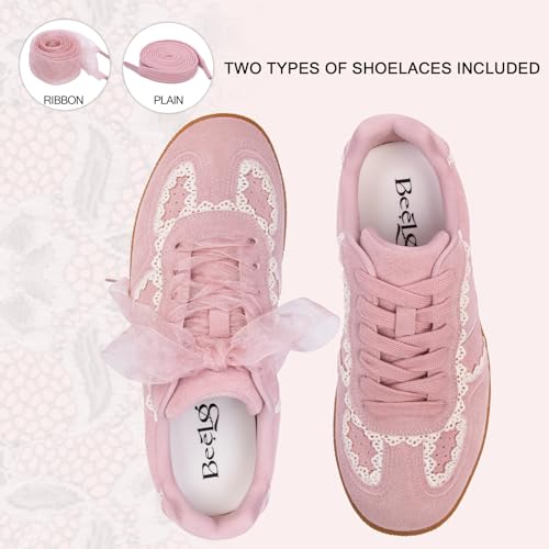 Image of Casual Sneakers for Women Lace Detail Elegant Ribbon Lace-Up Fashion Sneakers with Leather Upper Memory Foam Insole and Trendy Casual Shoes for Women