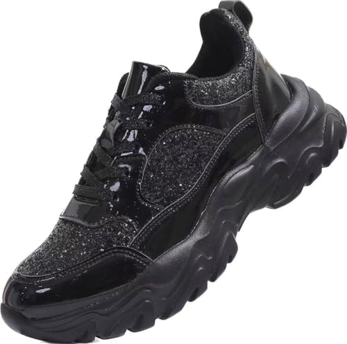 Sparkling Black Chunky Glam Sneakers Platform Sole, Lace-up Closure, Glitter