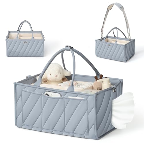 Image of VKSAO Baby Boy Essentials Diaper Caddy Organizer – Portable Storage Basket with Shoulder Strap & Stroller Hooks, Splashproof Quilted Nursery & Car Tote, Baby Gifts for Baby Shower, Classic Blue