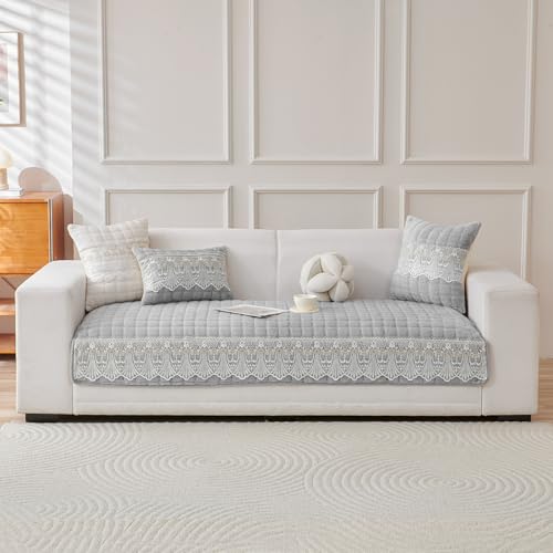 Image of HOKIPO 'BelleLace Series' Imperial Milk Velvet Sofa Cover Mat for 2 Seater Sofa, Lace Design, Cloud Grey (AR-5964-LGRY*1)