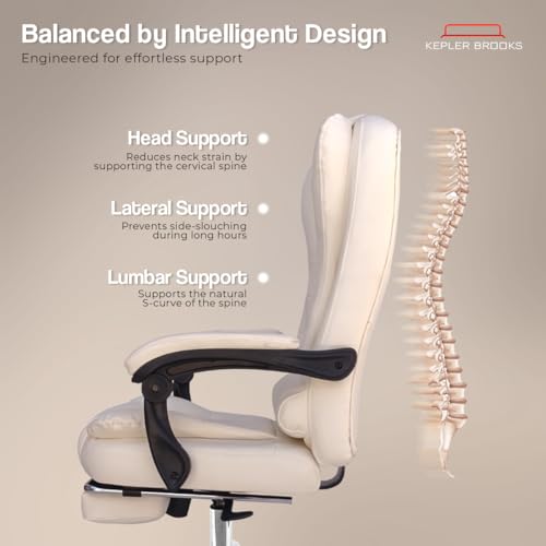 Image of Kepler Brooks Italia Premium Leatherette Office Chair for Work | 3-Years Warranty | Boss Chair for Office, Ergonomic Executive Chair, Cushioned Arms & Seat, Leg Rest,Heavy Duty Metal Base (Off White)