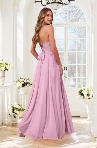 Women's Chiffon Bridesmaid Dresses with Slit Spaghetti Straps V Neck Maxi Formal Dress OE572