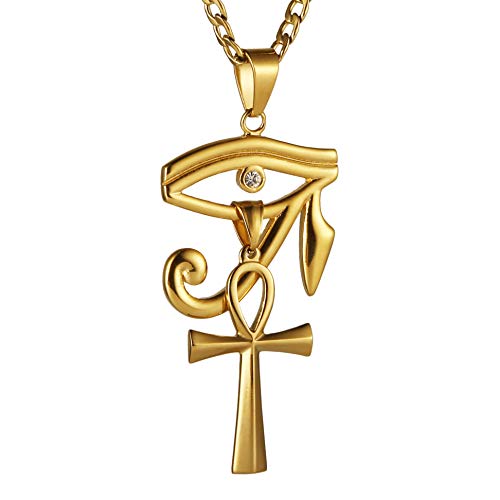 HZMAN Gold Stainless Steel Eye of Horus Egypt And Coptic Ankh Cross Religious Pendant Necklace 24