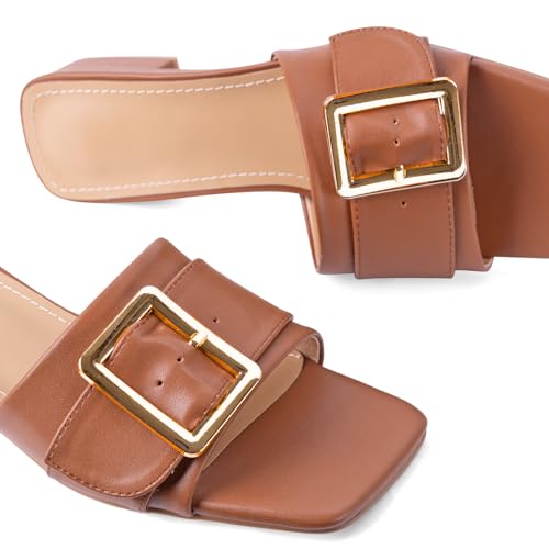 Image of Women's Slide Heeled Sandals Opened Square Toe Chunky Block Heel Slippers with Buckle Slip on Casual Comfortable Pumps