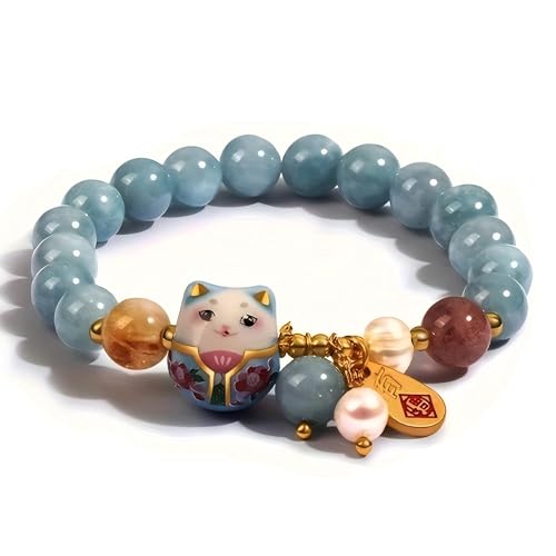 Bracelet Chat en Céramique avec Perles de Cristal Bleu – Bracelet Femme, Bijou Fantaisie Élégant, Bracelets Perles Délicat, Cadeau Raffiné pour Femme, Amie ou...