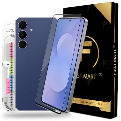 Image of FIRST MART Tempered Glass for Samsung Galaxy S25 FE, 9H 0.3 mm Full-Glue Screen Protector with Cable Protector, 3D Edge-to-Edge, HD Clear, Case-Friendly, Black, Pack of 1