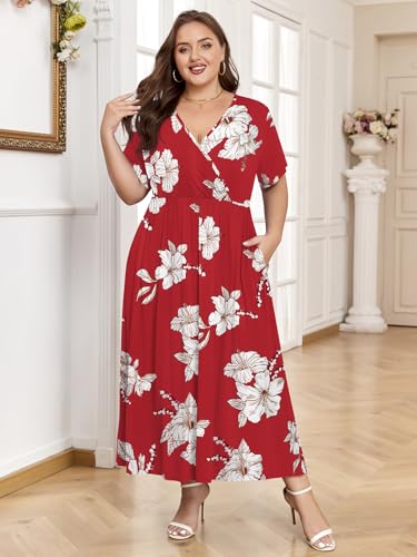 Image of BELAROI Womens Plus Size Maxi Dress Summer Wrap V Neck Flowy Long Sundress Beach Dresses with Pockets