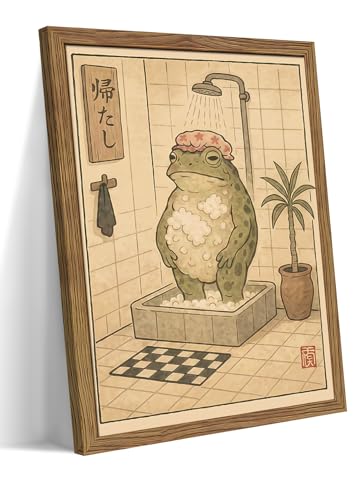 Framed Vintage Frog Bathroom Wall Art, Funny Cute Green Frog in Bubble Bath Canvas Prints, Japanese-Style Retro Cartoon Animal Artwork, Whimsical Wall Decor for Dorm Apartment Toilet 12x16in