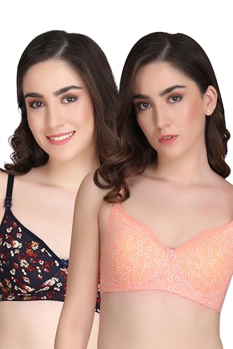 Image of Flower Print Bra for Women - Made of Pure Cotton Full Coverage Non Wired Pushup Soft Cup for T-Shirt Saree Dress Sports Garment for Daily Use Everyday