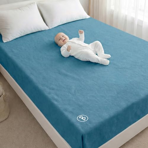 Image of Btag Baby Waterproof, Super Soft Fast Drying Mattress Protector | Extra Absorbent, Anti-Itching Sheet for New Born,Toddler (Size 200x210 cm, Pack of 1, Pine Blue)