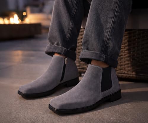 Image of Kraasa THE Ashford - Men's Stylish Vegan Leather Chelsea Boots with Side Zipper & Elastic Panel, Square Toe Ankle Boot (Tan /Black /Brown)
