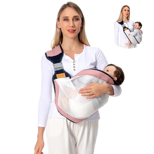 Image of Shiaon Baby Sling Carrier, Baby Carrier Newborn to Toddler(7-45lbs), Toddler Carrier with Safety Buckle, One Shoulder Adjustable Shoulder Strap, One Size Fits All, Mesh Pink