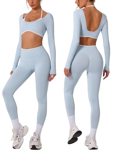 ABOCIW Workout Sets for Women Seamless Color Block Backless Long Sleeve Crop Top Scrunch Butt Lifting High Waist Leggings 2 Piece Gym Yoga Outfits Baby Blue Small