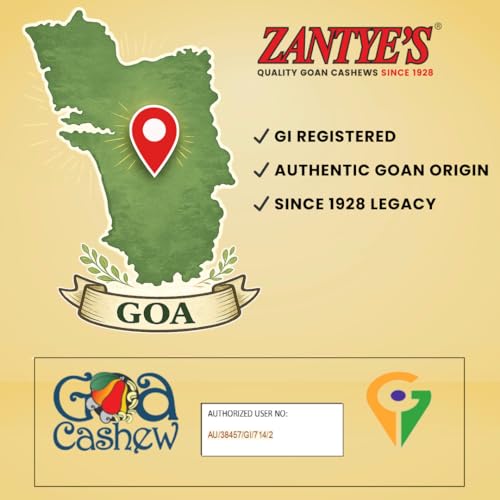 Image of Zantye's W240 Plain Goa Cashew Nuts 500g, Handpicked Whole Kaju, Unbroken, GI Tagged Goan Dry Fruit, Nitrogen Sealed Premium Cashews, Rich in Protein, Vegan, for Snacking and Gifting - Since 1928