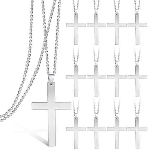 12 Pieces Stainless Steel Cross Necklace Bulk for Men Cross Chain Necklace Silver Pendant Necklace Christian Gift Jewelry Gifts for Men