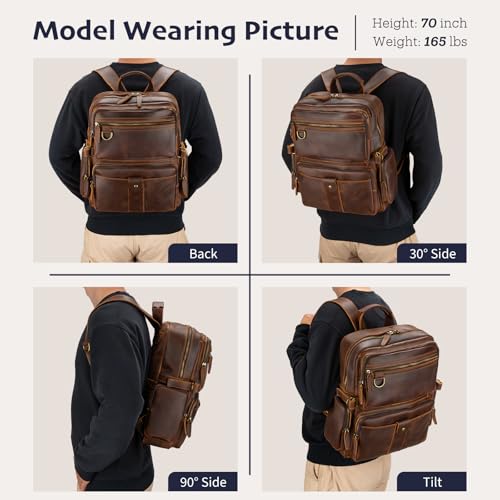 Leather Backpack for Men 15.6" Laptop Backpack 100% Madagascar top-Grain Leather Backpack Brown Large Size - Image 3