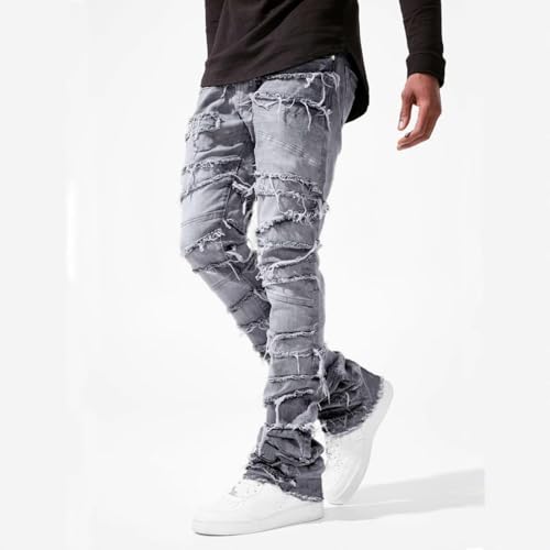 Jeans Pants Trouser Denim Straight Tube Street Trendy Piercing Hairy Wash Elastic Patch Personalized for Men2