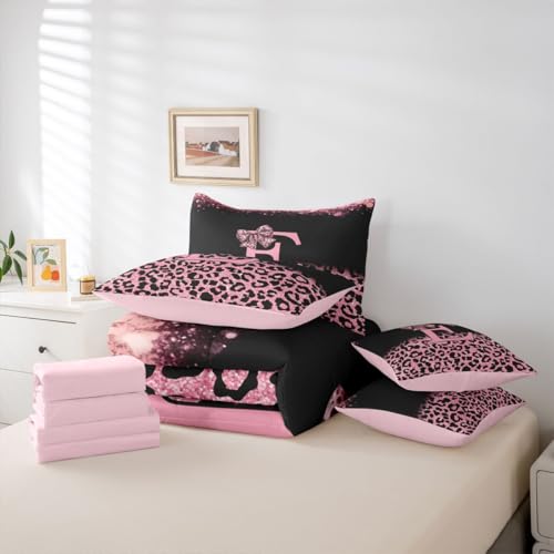 Image of Feelyou Pink Leopard Bow Full Comforter Set with Sheets for Kids Boys Girls Initial Letter E 7 Pieces Bedding Set Girly Bowknot Bed in a Bag Room Decor Soft Lightweight Microfiber