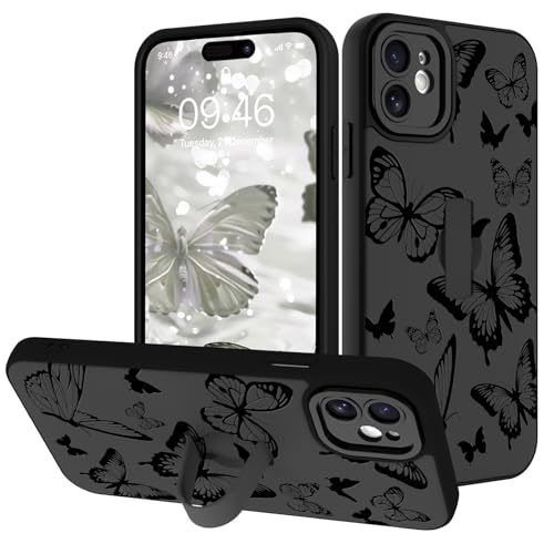 Image of for iPhone 12 Case with Finger Strap Holder, Cute Cool Butterfly Print Pattern Design for Women Men, Shockproof Anti Scratch Hand Kickstand Protective Cover, Gray