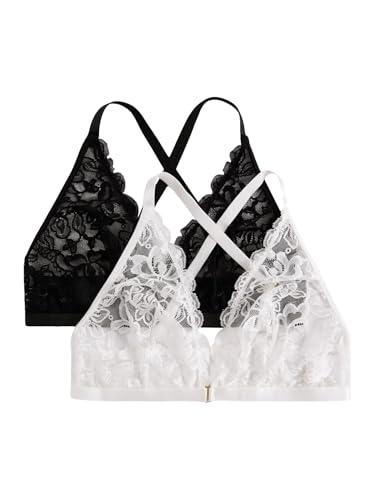 Image of MakeMeChic Women's Plus Size Lace Bralette Front Closure Bras Wireless Deep V Triangle Sexy Lace Bra