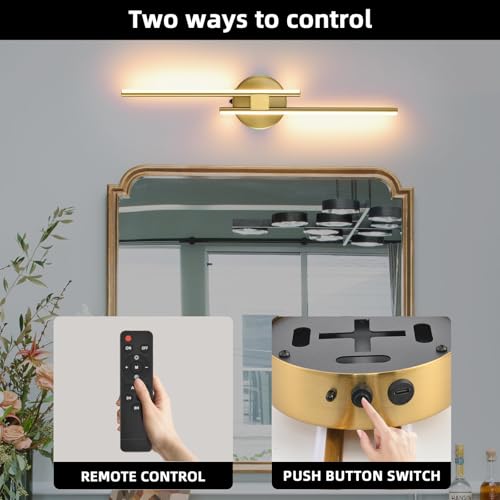 Image of Battery Operated Wall Sconce Set of 2,Gold 23.6 inch 3000K-6500K LED Dimmable Wall Sconces with Remote Control,Wireless Wall Light USB Rechargeable for Bedroom Hallway Living Room Background Wall Lighting