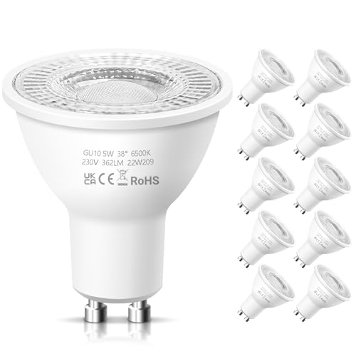 Nottac GU10 LED Spotlight Bulbs, Cool White 6500K 5W Energy Saving Light Bulbs, (Equivalent to 50W) 362LM Halogen Spotlight Bulbs, Non-dimmable 240V, LED Bulbs for Ceiling, Pack of 10