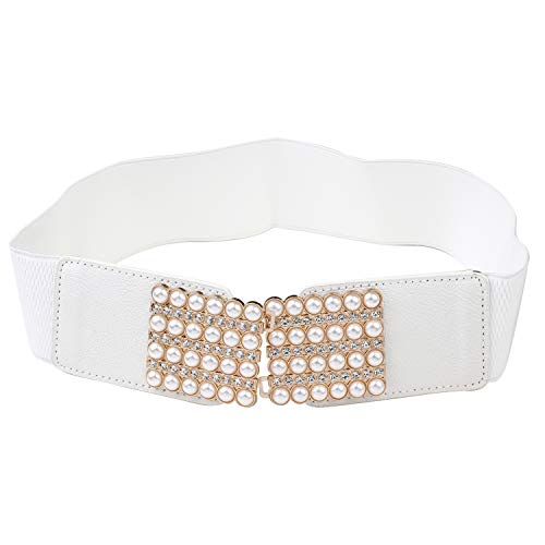 Women's Waistband Woven Elastic Dress Belt, Lace-up Cinch Belt With Rhinestone Pearl Buckle4