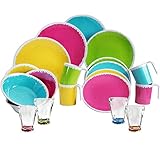 ✅ LIEFERUMFANG: 4 große Teller Ø ca. 26,5 cm, 4 kleine Teller Ø ca. 21,5 cm, 4 Schälchen Ø ca. 19 x 5 cm, 4 Tassen á 320 ml, 4 Trinkgläser á 220 ml - Farbe PINK BLAU GRÜN GELB/ORANGE - Material: 100% Melamin und 100% Polyacryl (Styrol-Acrylnitril SAN) (BPA-Frei) - Verpackungsmaße: ca. 35 x 30 x 25 cm - Gesamtgewicht ohne Verpackung: ca. 3 kg