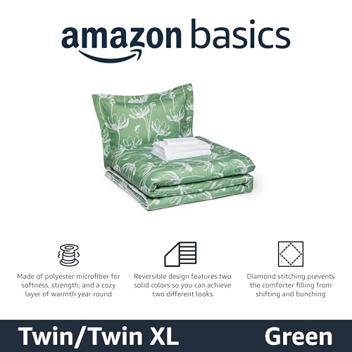 Image of Amazon Basics Lightweight Microfiber Comforter Set, 5-Piece, Bed-in-A-Bag, Twin /Twin XL, Green Floral