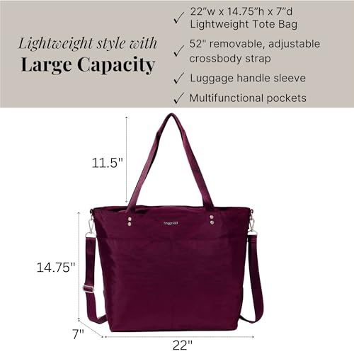 Image of Baggallini Carryall Tote - Lightweight Nylon Zipper Top Weekender Travel Beach Bag w /Luggage Sleeve