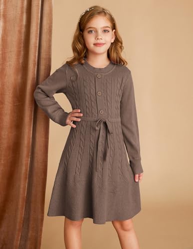 GRACE KARIN Girls Sweater Dress Fall Winter Long Sleeve Kids Fashion Drawstring Waist Cable Knit Dresses Size 5-122