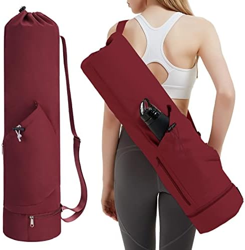 sportsnew Yoga Mat Bag with Water Bottle Pocket and Bottom Wet Pocket, Exercise Yoga Mat Carrier Multi-Functional Storage Bag, Wine Red