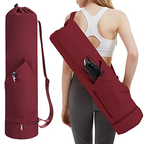 Sportsnew Yoga Mat Bag With Water Bottle Pocket And Bottom Wet Pocket, Exercise Yoga Mat Carrier Multi-Functional Storage Bag, Wine Red #TOP3