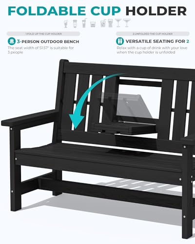 Image of SERWALL HDPE Outdoor Bench with Cup Holder Oversized 58 inch Porch Bench, Black
