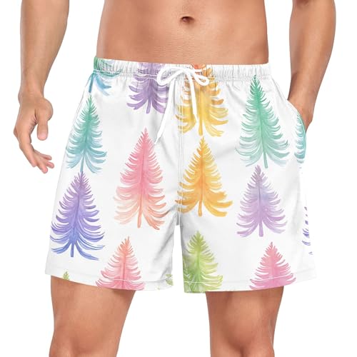 xigua Watercolor Pine Tree Mens Swim Trunks with Liner, 5 inch Quick Dry Mens Boardshorts for Beach