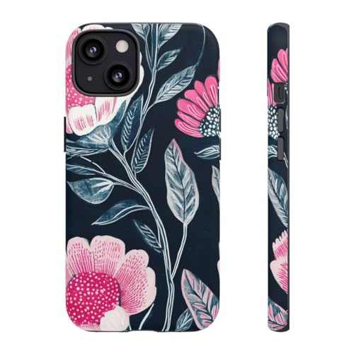 Coque iPhone 13 motif floral rose vif et bleu foncé rigide mate