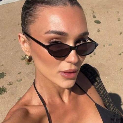 Retro Oval Cat Eye Sunglasses for Women Small Y2K Thin Frame 100% UV Protection Lightweight Vintage 90s Slim Black Sun Glasses 2 Pack2