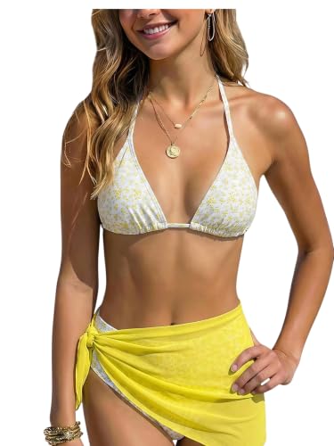 Image of SOLY HUX Girl's Summer Swimsuit Set Floral Halter Triangle Bikini Set with Wrap Skirts Beachwear