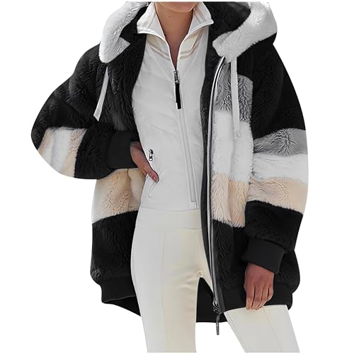 2024 New Rcontrasting Lamb Wool Padded Coat Sherpa Hoodie Lined Jacket Women Faux Fur Shearling Fleece Zip Shacket