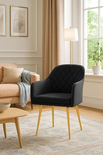 Image of Barfi Velvet Dining Chair | Premium Modern Upholstered Accent Chair with Armrest, Padded Seat and Metal Legs | Comfy Chair for Home, Office & Restaurents (Dark Grey)