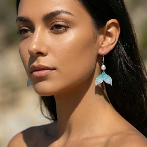 Image of Gold Starfish Mermaid Tail Dangle Drop Earrings for Women, Trendy Cute Pearl Fish Tail Shell Textured Hoop Dangling Earing Summer sea Beach Jewelry Gift.
