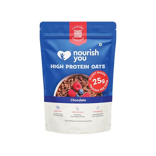 25g High Protein Chocolate Oats by Nourish You 1kg Plant Based Protein | Made with Rolled Oats , Cocoa Powder , Almonds , Raisins & Soy Protein | High