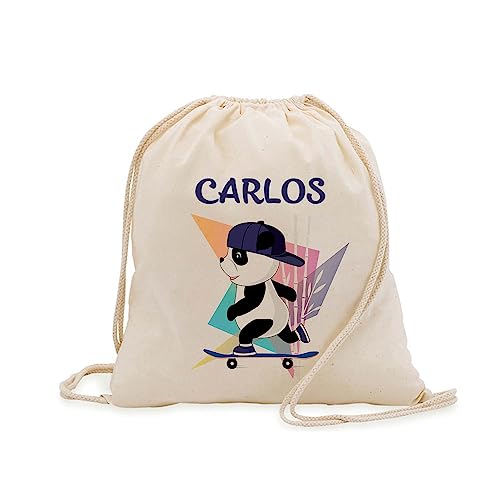 PROMO SHOP Mochila Cuerdas 100% Algodón Natural · PERSONALIZADA con tu Nombre a Todo Color en Impresión Textil · Diferentes Diseños para Personalizar · Tamaño 41cm x 37cm (PANDA)