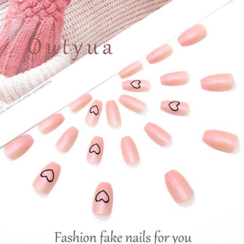 Outyua Heart Press on Nails Long Coffin Fake Nails Acrylic ballerina False Nails Glossy Full Cover Nails for Women and Girls 24pcs