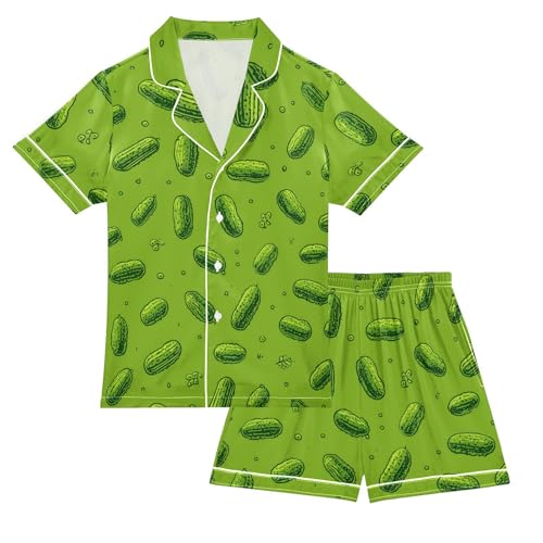 Satin Pajama Sets Short Sleeve Pickle Pattern on Green Background Button Down Silky Nightwear 2 Piece PJS 5-14Y