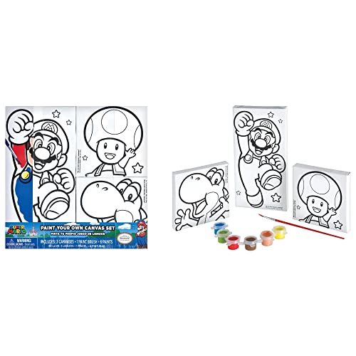 Amscan Super Mario Brothers Color-Your-Own Canvas - Includes 3 Unique Canvases 6 Vibrant Paints and 1 Paintbrush for Budding Artists - 1 Set
