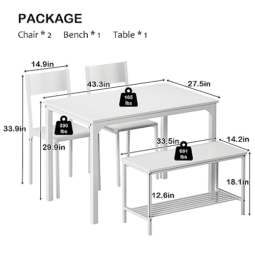 soges 4 Pieces Dining Table Set, 43.3 inch Kitchen Table Set for 4, Dining Set with 2 Chairs and Bench with Storage Rack, Nesting Furniture Set for Dining Room, Kitchen, Restaurant, White - Thumbnail 4