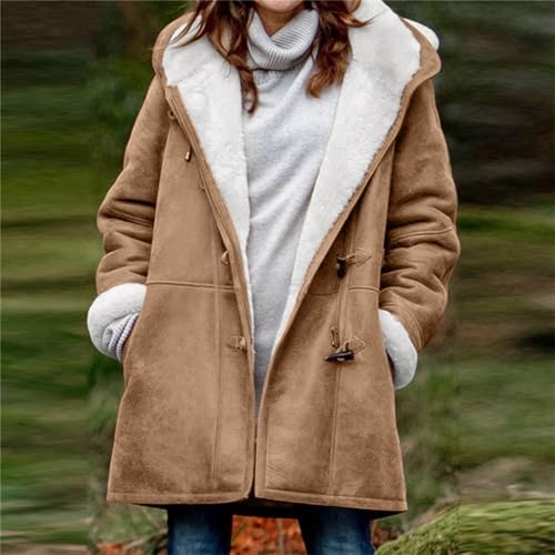 Plus Size Winter Coats for Women 2025 Warm Sherpa Fleece Lined Distressed Jackets Hooded Parka Faux Suede Pea Coat Outerwear3
