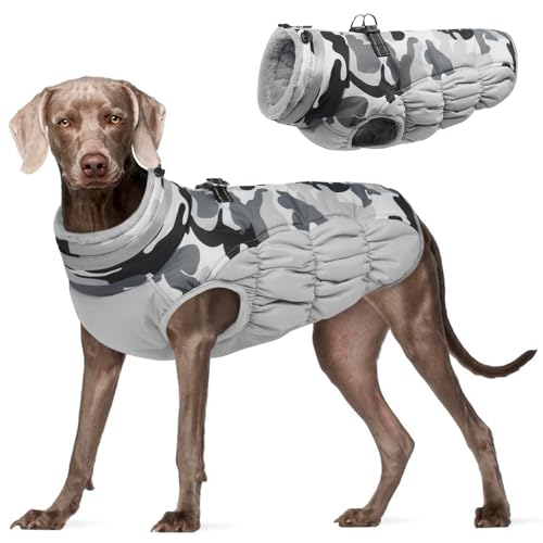 Image of FUAMEY Dog Cold Weather Coats Reflective Dog Warm Jacket with Harness | Fleece Winter Coat for Large Dogs Snow Puffer Vests with Zipper Reflective Turtleneck Jackets for Winter Gery Camo XXXL